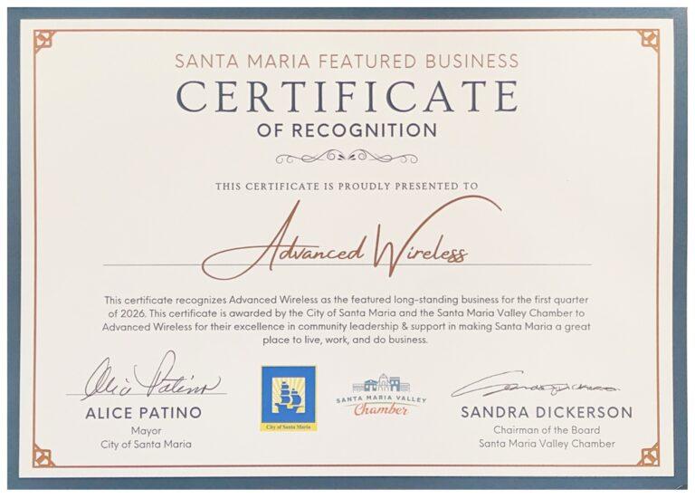 Certificate of Recognition from The City of Santa Maria and the Santa Maria Valley Chamber of Commerce